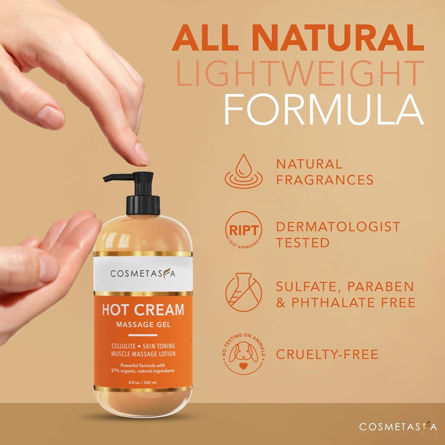 Cosmetasa Hot Cream Massage Gel with Massager Mitt- Natural and 87% Organic Cellulite Cream - Multi Use, Skin Toning for Joints and Muscle - 16.9 oz