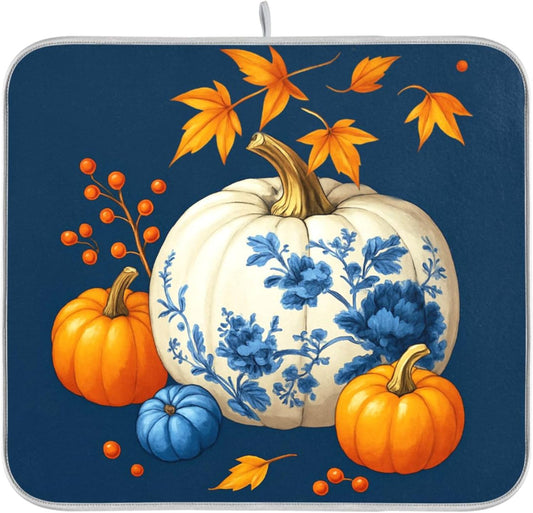 Pumpkin Porcelain Blue White Dish Drying Mat for Kitchen Countertop 16x18 Fall Maple Leaves Thanksgiving Day Small Drying Mat Reusable Quick Dry Dish Sink Mats Easy Clean Decorative Essentials
