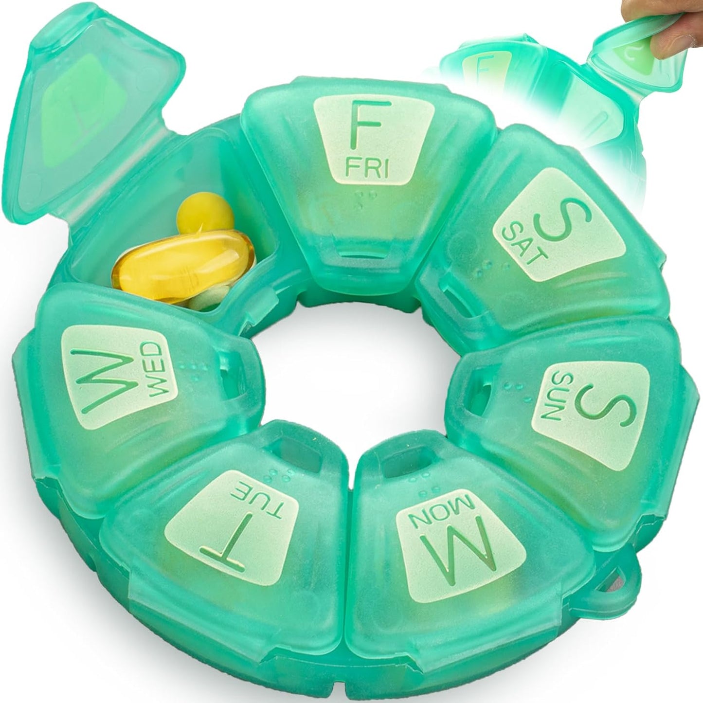 Round Weekly Pill Organizer, TPU Rubberized, Travel Pill Container 7 Day, with 7 Large Compartments, Great for Daily Vitamins & Supplements, Cute Pill Case with Large Letters and Braille (Green)