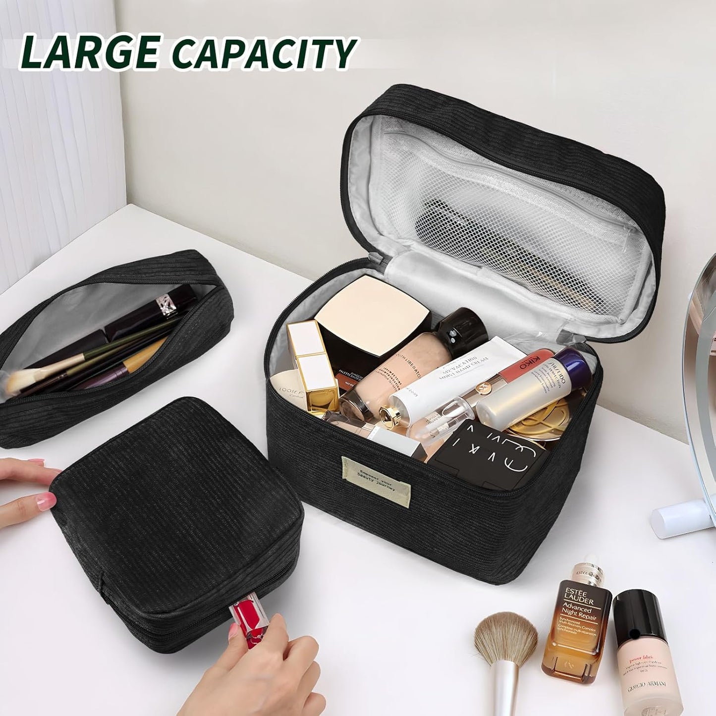 4 Pcs Makeup Bag for Women Corduroy Cosmetic Bag Aesthetic Cute Bags Multi Size Purse Pouch Travel Toiletry Bag Set Makeup Organizer with Zipper(Black)