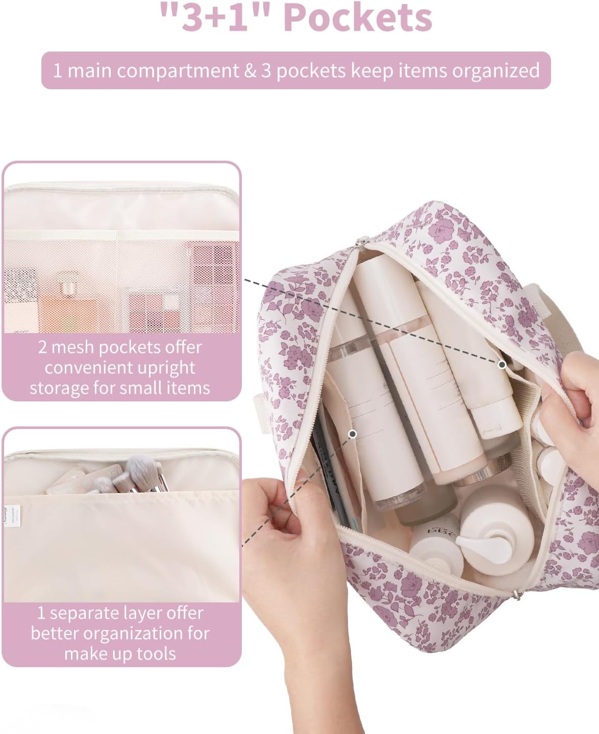 Narwey Large Floral Travel Toiletry Bag Women Toiletries Bag Skincare Bag Makeup Bag Organizer Make up bag Cosmetic Bag Medicine Bag for Girls (Little Dusty Pink Flower, Large)