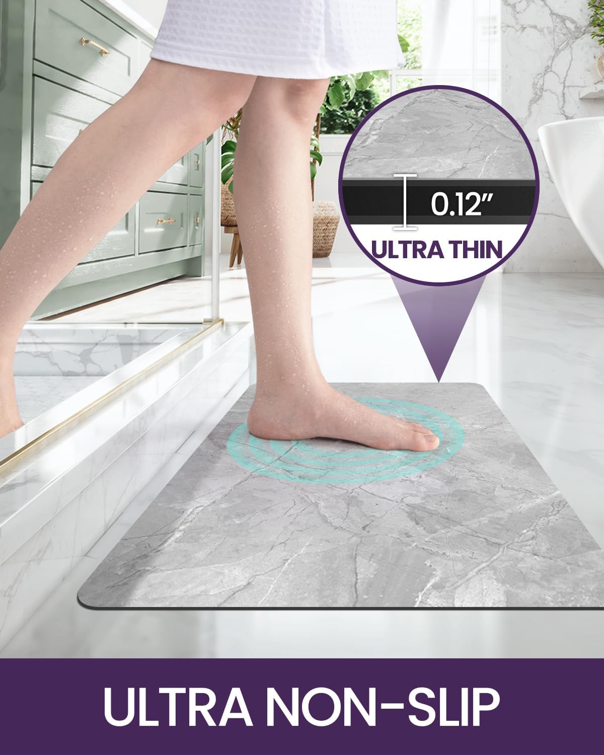 DEXI Bath Mat 17x43, Non Slip Quick Dry Rugs, Super Absorbent Ultra Thin Marble Bathmat, Washable Rubber Mats for Shower Floor, in Front of Bathtub, Sink, Bathroom Accessories Decor, Light Grey