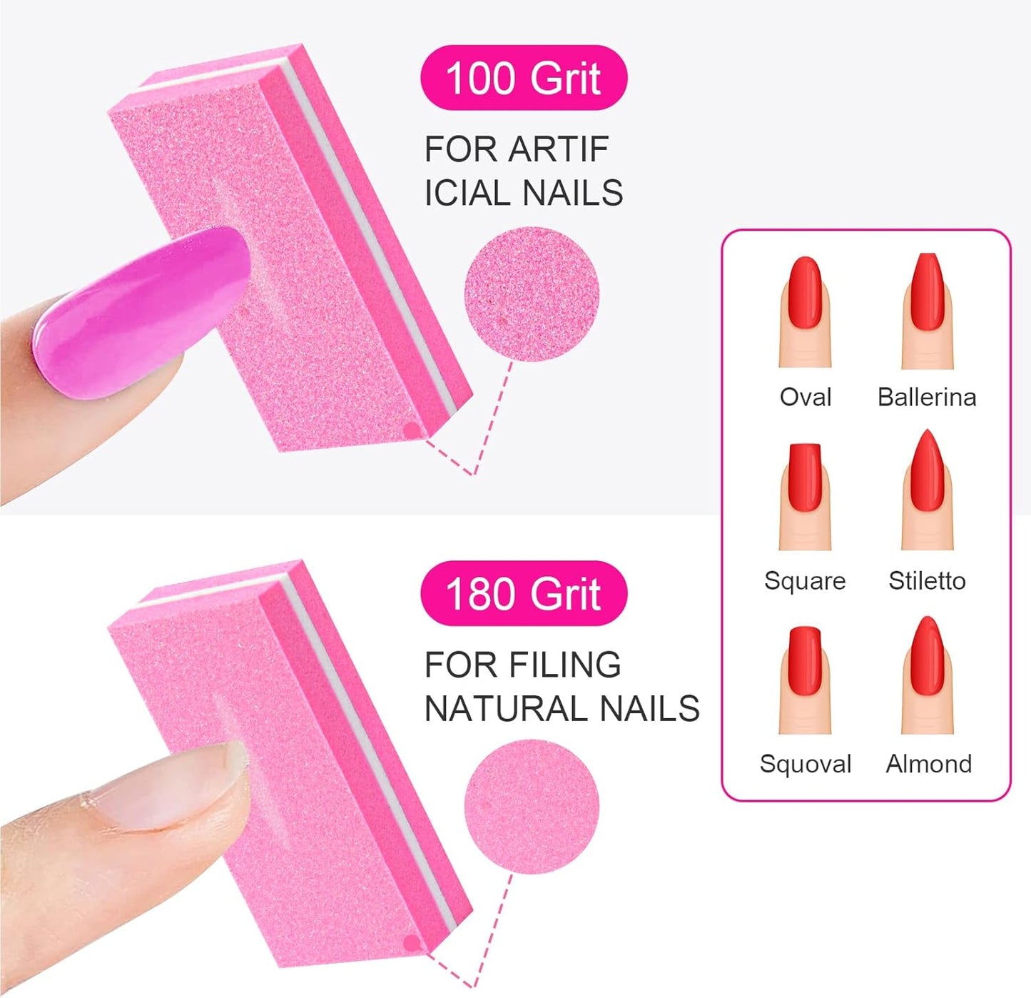 Buffer Block Nail File, 100/180 Grit Sponge Nail Buffers for Acrylic Nails, Nails Buffer, Mini Buffing Block Double Sided for Manicure Tools 60 Count - Pink