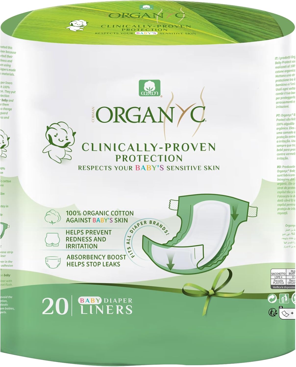 Organyc 100% Certified Organic Cotton Baby Diaper Liner for Sensitive Skin, Fits All Brands and Sizes Diapers Except New Born, 20 Count
