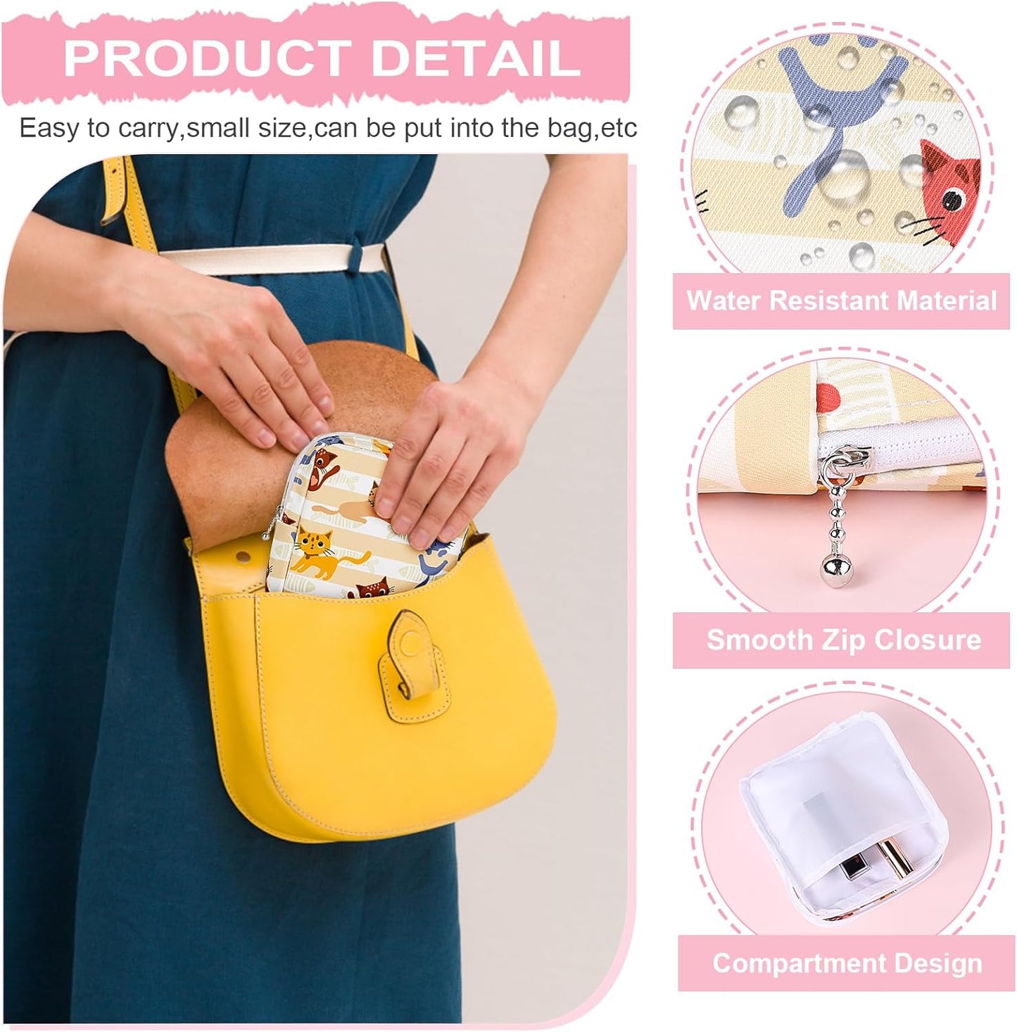 Desing Wish Period Bag Pouch Soft Cloth Sanitary Napkin Storage Bag Portable Menstrual Pad Pouches Tampon Holder for Purse First Period Kit for Girls 9-12 (Canned Cats)