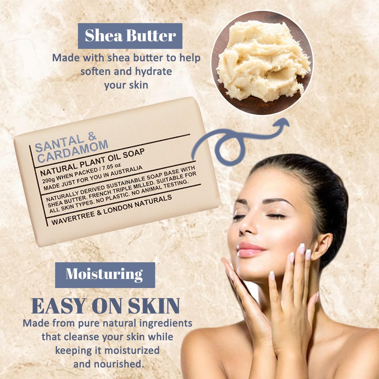 Wavertree & London Santal & Cardamon Scented 100% Natural Soap Bar, 7oz Moisturizing French Triple Milled Soap Bar for Women & Men enriched with shea butter - Pure Bath & Body soap bar