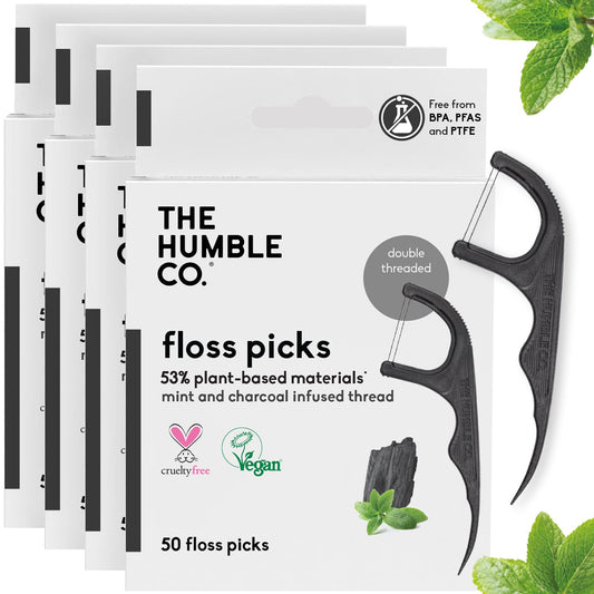 The Humble Co. Floss Picks (200 Count) – Plant Based Dental Floss Picks for Superior Oral Care, Dental Hygiene, and Gum Health, Cruelty Free Tooth Floss Picks (Charcoal, Double Thread)