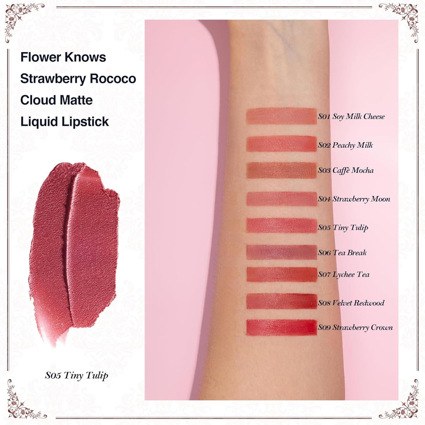 Flower Knows Strawberry Rococo Cloud Lip Cream,Velvety Matte Liquid Lipstick,Pink Lipstick,Long Lasting Lip Stain,Kiss-proof Blurred Lipstick for Girls&Women,0.12 Fl Oz(S05 Tiny Tulip)