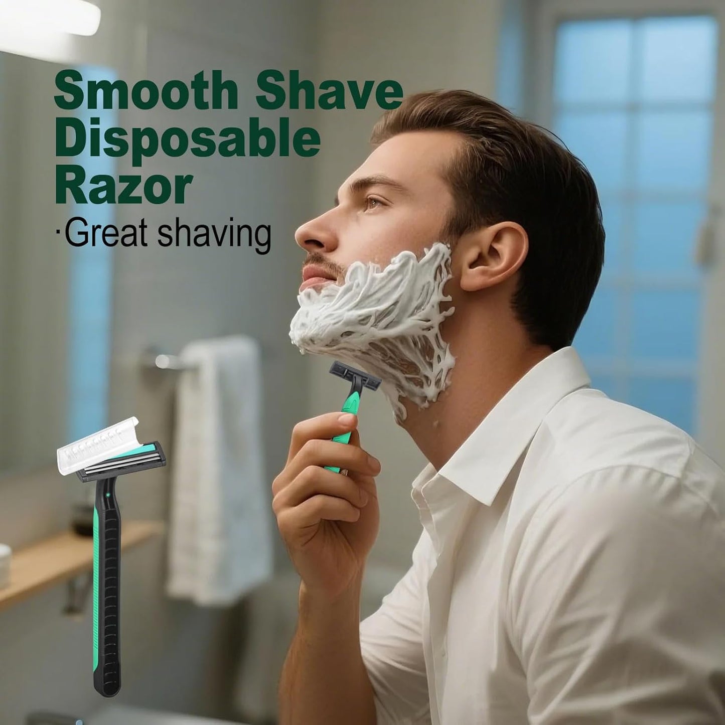 Disposable Twin Blade Razors in Bulk, Individually Wrapped - Clear Safety Cap, For Homeless, Hotel, Airbnb, Travel (pack of 200,green)
