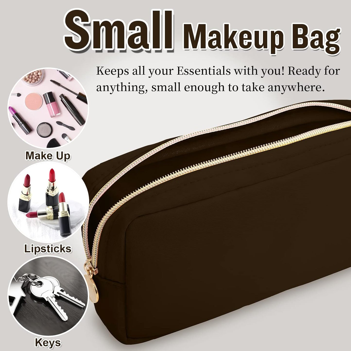 Nylon Small Makeup Bag for Purse, Cute Preppy Makeup Bag Cosmetic Zipper Pouch Purse, Waterproof Portable Travel Toiletry Bag Clutch Make Up Brush Bag Organizer Storage for Women Men Girls(Brown)