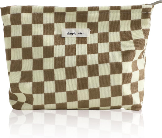 Wudygirl Checkered Makeup Bag Large Capacity Makeup Pouch Travel Cosmetic Pouch for Women Canvas Toiletry Bag Zipper Handbag Aesthetic (Khaki Checkered)