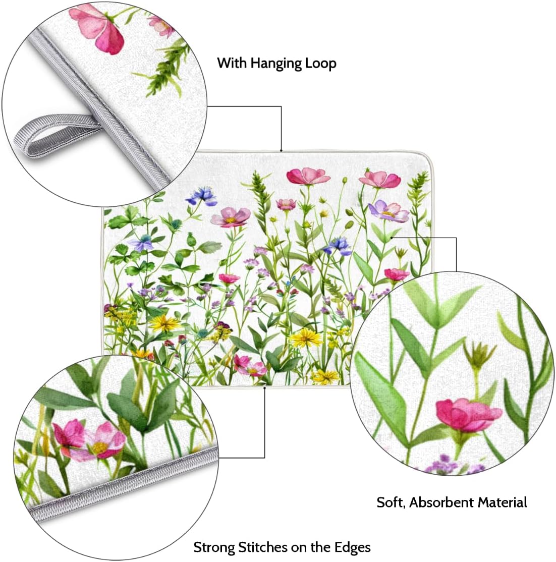 Hexteria Colorful Flowers Large Dish Drying Mats for Kitchen Counter 18 X 24 Inch Spring Floral Microfiber Dish Mat, Dish Drainer Mats for Countertops, Wildflower