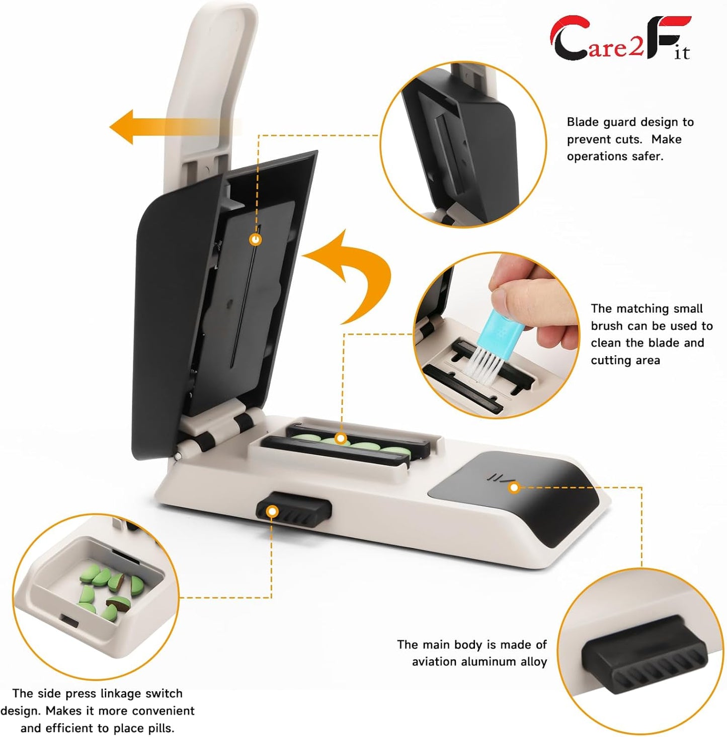Auto Centering Pill Cutter Device, Pill Splitter Made of Aviation Aluminum Alloy with 402 Stainless Blade, Anti Cut Design,Ergonomic Operation Control,Designed in The USA (White)