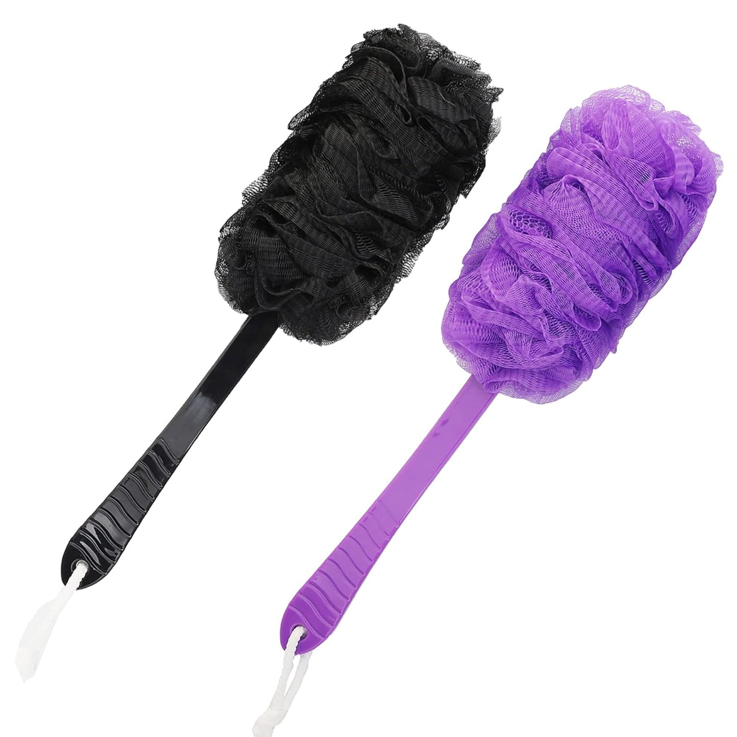 Back Scrubber Brush Long Handle for Shower, Loofah On a Stick Sponge Back Brush, Body Exfoliator Scrubber Bath Brush for Men Women, Exfoliating Cleaning Back Scrubber for Elderly (2 Pack-Black+Purple)