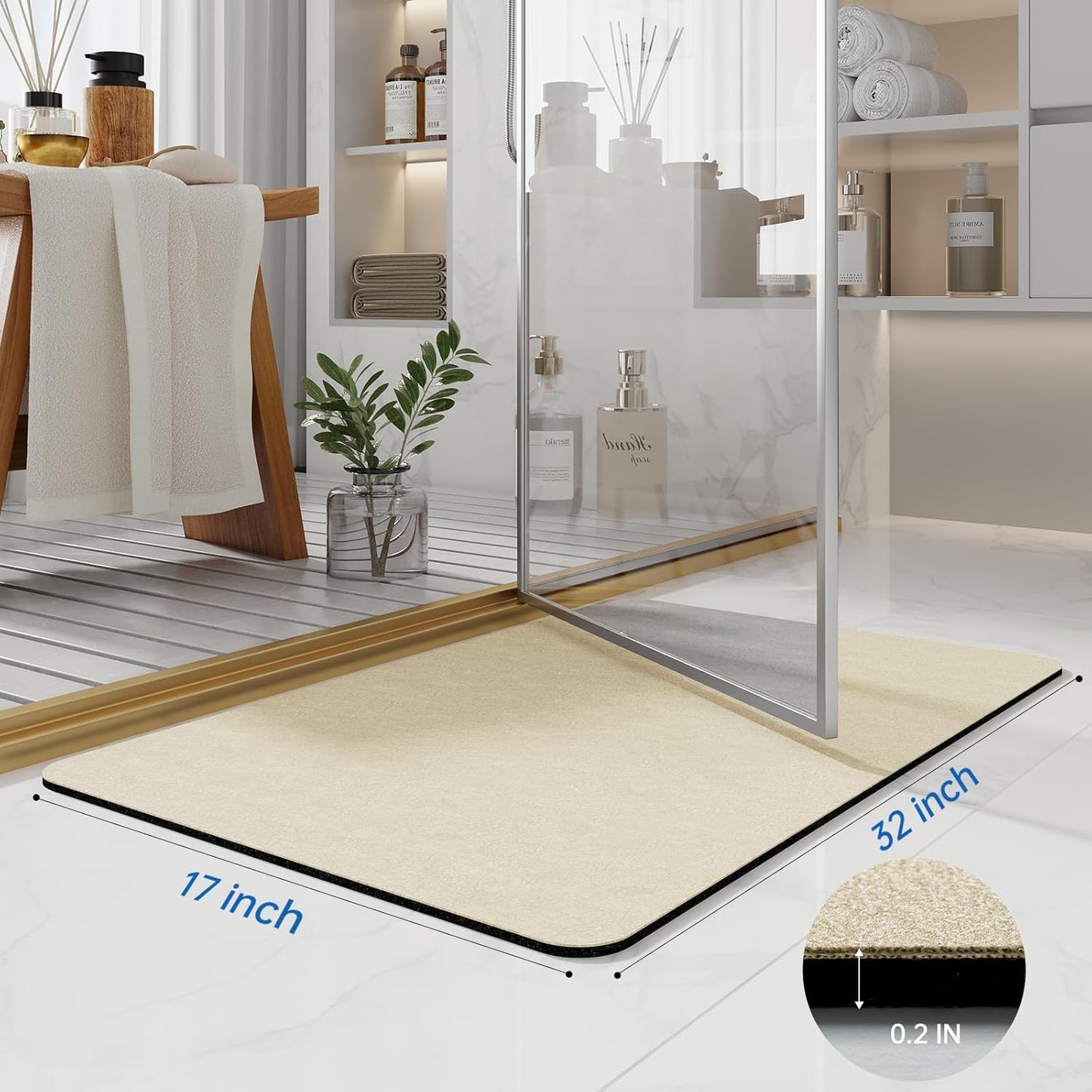 Bath Mat Rugs 32x17 - Diatomaceous Earth Bath Mats Quick Dry Absorbing Bathroom Rugs Rubber Non Slip Thin Bathroom Mat Fit Under Door, Bath Mat for Bathroom Floor, Tub and Shower, Sink, Beige