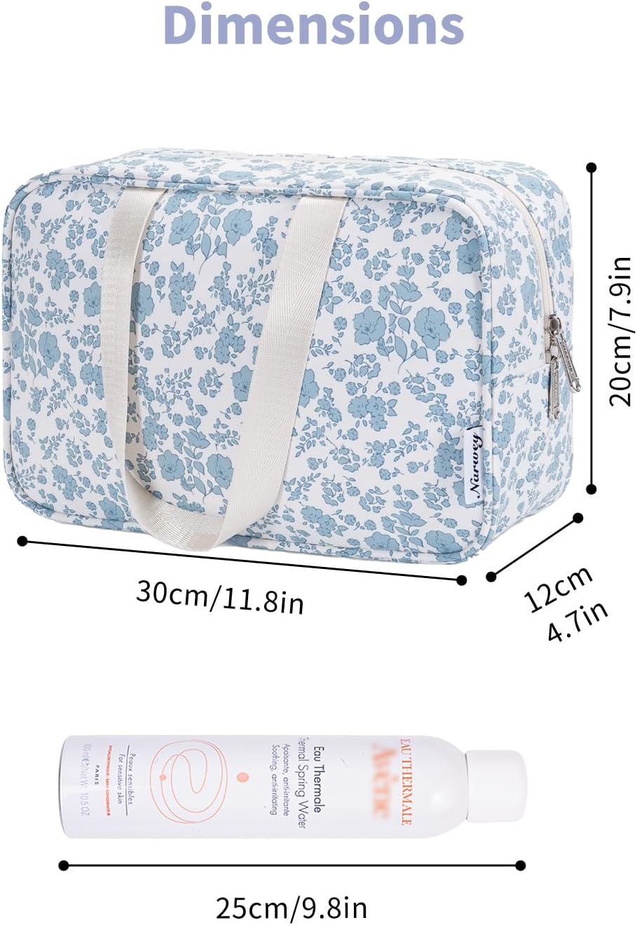 Narwey Full Size Toiletry Bag Women Large Cosmetic Bag Travel Floral Makeup Bag Organizer Medicine Bag for Toiletries Essentials Accessories (Little Blue Flower,Large)