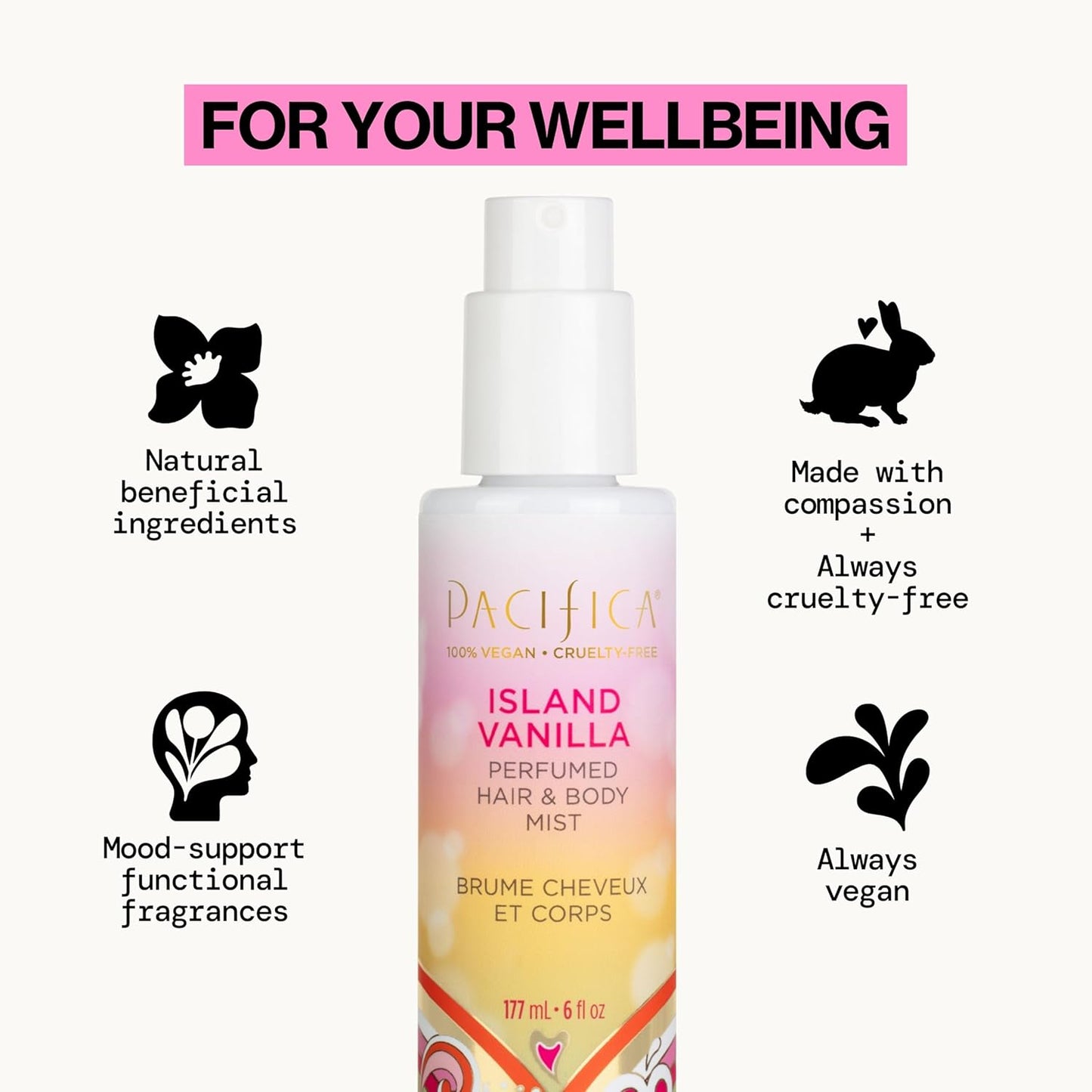 Pacifica Island Vanilla Hair Mist Perfume and Full Body Spray for Women - Fragrance Spray for A Mood-Lifting Experience, Paraben-Free, Clean Beauty No Alcohol, Vegan & Cruelty-Free, 6 oz oz