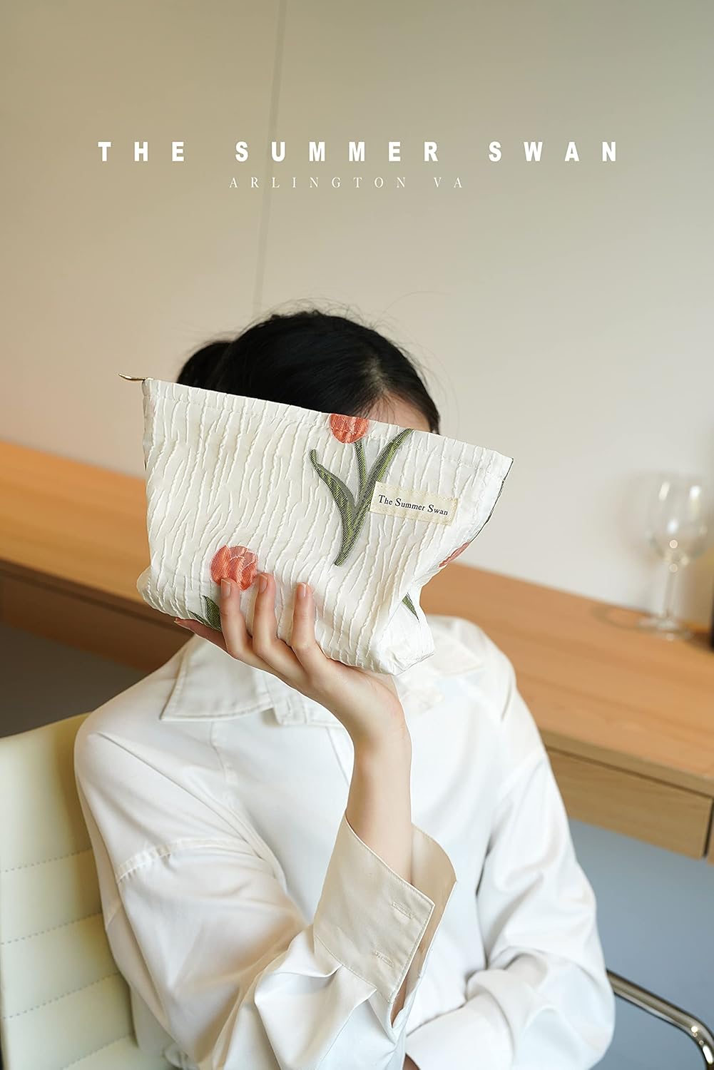 The Summer Swan | Large Aesthetic Makeup Bag Preppy Skincare Organizer Floral Mid-day Clutch Period Kit Hygiene Cute (Tulip)