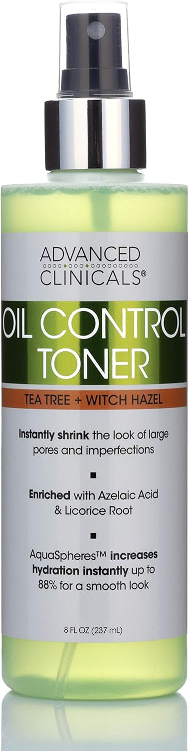 Advanced Clinicals Oil Control Purifying Facial Mist Toner. Hydrating, Non-Greasy Tea Tree Oil, Witch Hazel Toner W/Aloe Vera Face Mist Cleans Pores & Clears Acne All Skin Types, 8 Fl Oz (Pack of 1)