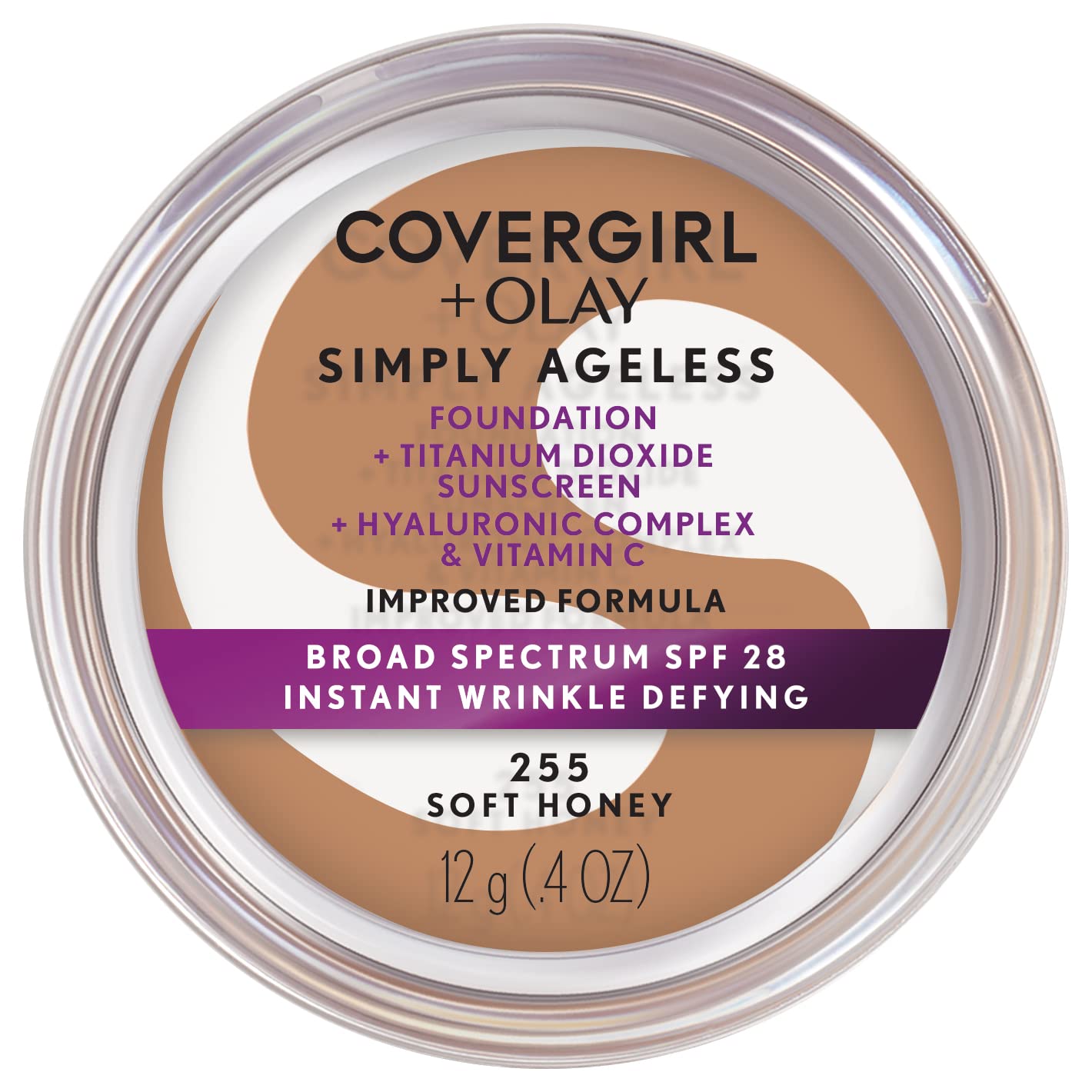 COVERGIRL Simply Ageless Instant Wrinkle Defying Foundation, SPF 28, Hyaluronic Complex & Vitamin C - 255 Soft Honey, Pack of 1