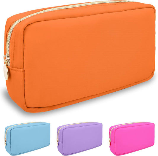 Nylon Small Makeup Bag for Purse, Cute Preppy Makeup Bag Cosmetic Zipper Pouch Purse, Waterproof Portable Travel Toiletry Bag Clutch Makeup Brush Bag Organizer Storage for Women Men Girls(Orange)