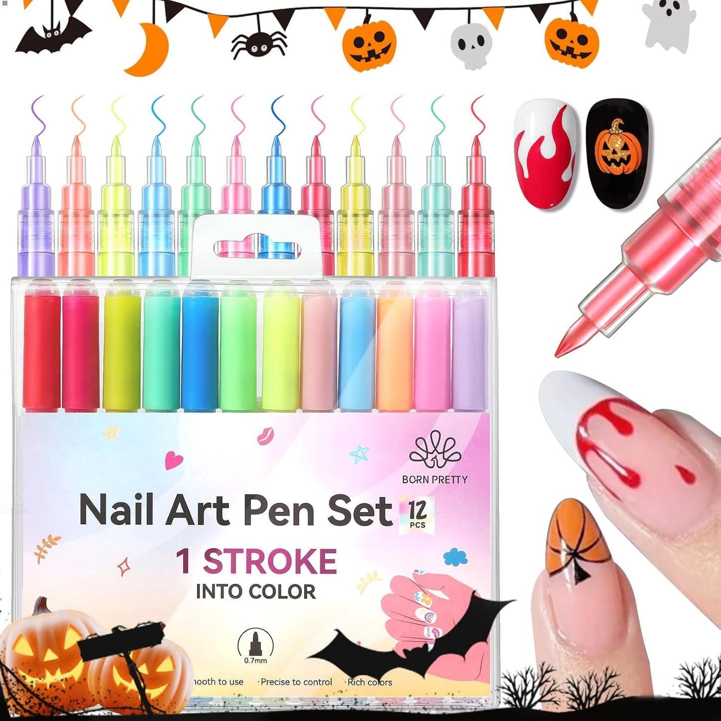 BORN PRETTY Nail Art Pens Set 12 Colors - Halloween Neon Colors 3D Nail Polish Acrylic Paint Pens Quick Dry Nail Markers for Halloween Nail Art Drawing Painting Dotting Liner Pen DIY Manicure Tools