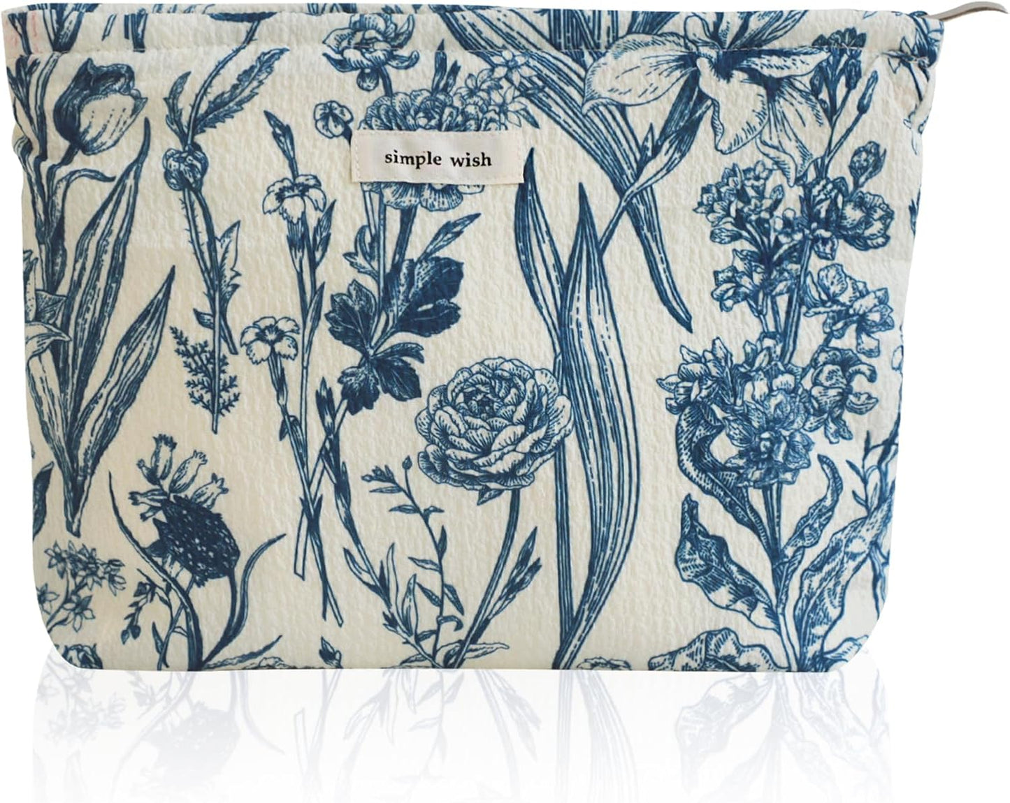 Wudygirl Cute Makeup Bag for Women - Travel Cosmetic Bag with Zipper Makeup Pouch Floral Make up Organizer Handbag Aesthetic (Porcelain Blue)