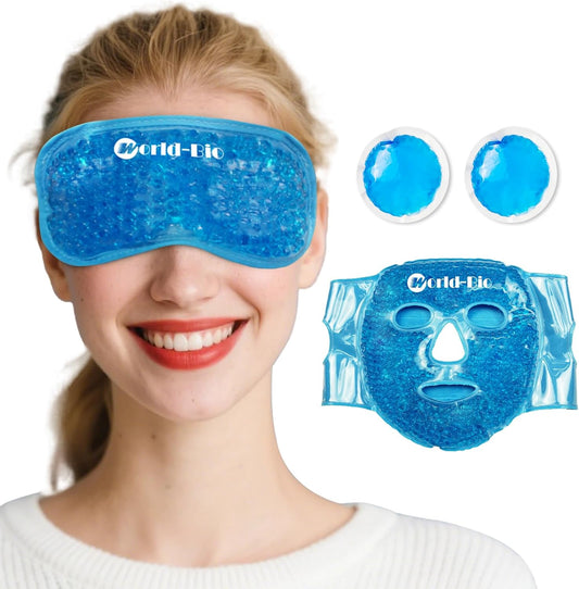 WORLD-BIO Reusable Ice Face Mask & Cooling Eye Mask - Cold Therapy Gel Pack for Puffy Eyes, Dark Circles Relief, Headache & Migraine Soothing - 3 Pcs Set with Adjustable Strap & Freezable Gel