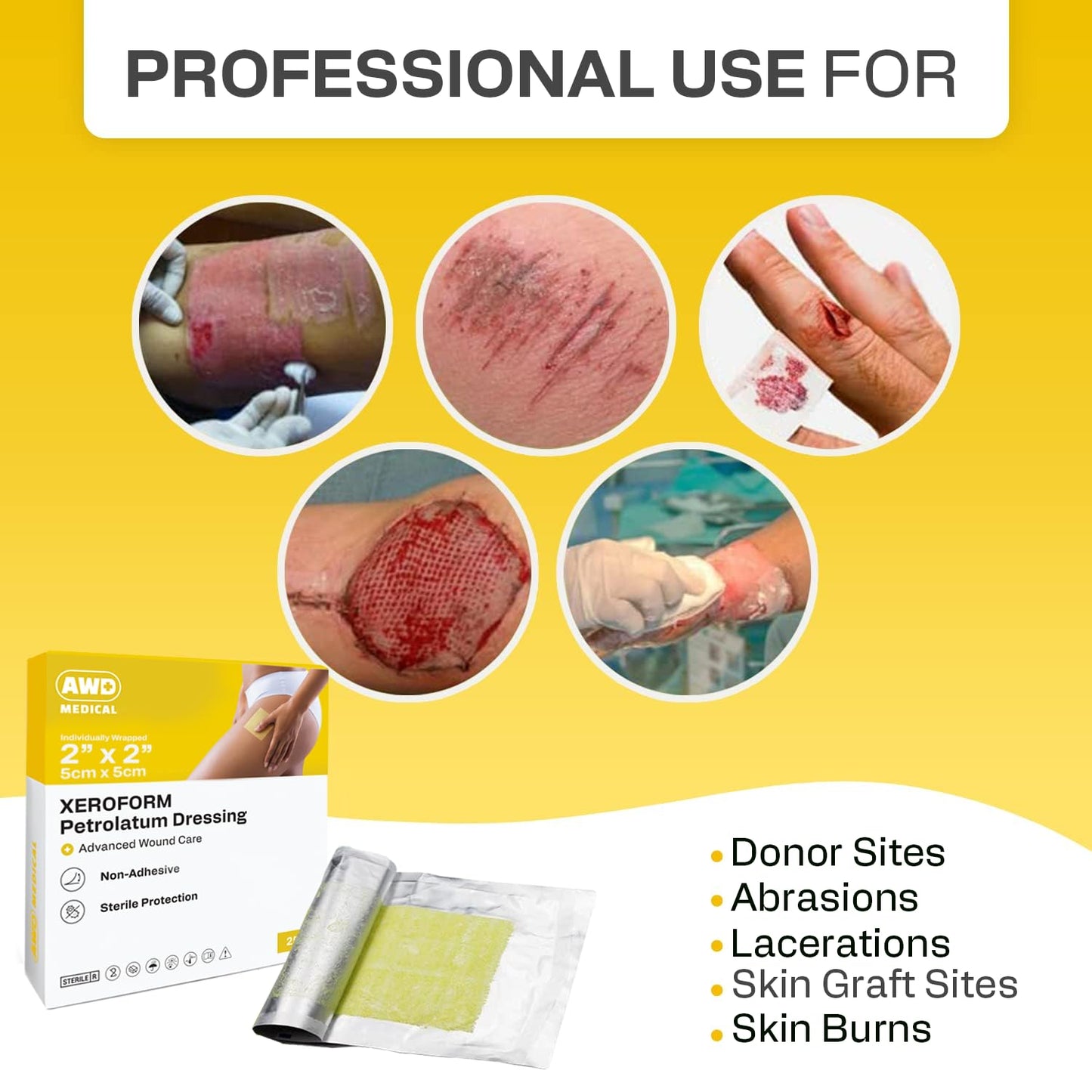 AWD Medical Xeroform Petrolatum Dressing - Non-Adhering Gauze Pad - Fine Mesh Gauze Patch Sterile - Healthcare Supplies for Wound Care, Burns, Lacerations, & Skin Grafts Aide (Box of 25) (2"x2")