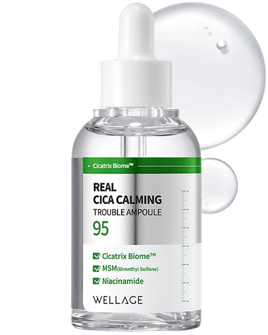WELLAGE Real Cica Calming Trouble Ampoule - Korean Skincare Soothing Serum, Madecassoside Centella Asiatica Panthenol Niacinamide, Relief Redness, Sebum Control, Improves Blemishes, 1.69 fl.oz.
