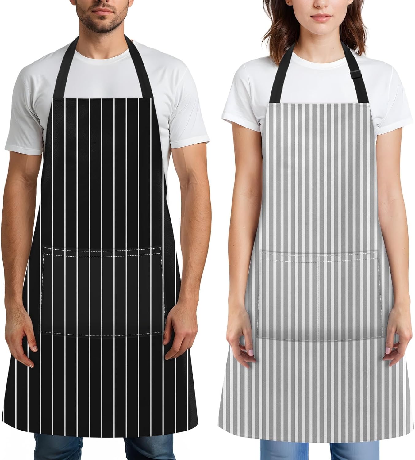 Britimes 2 Pack Aprons, Stripe Durable Adjustable Bib Aprons with 2 Pockets for Women Men Couple Lovers Chef Home Kitchen Cooking Baking Gardening Black Grey Stripes Apron 32x28 Inches