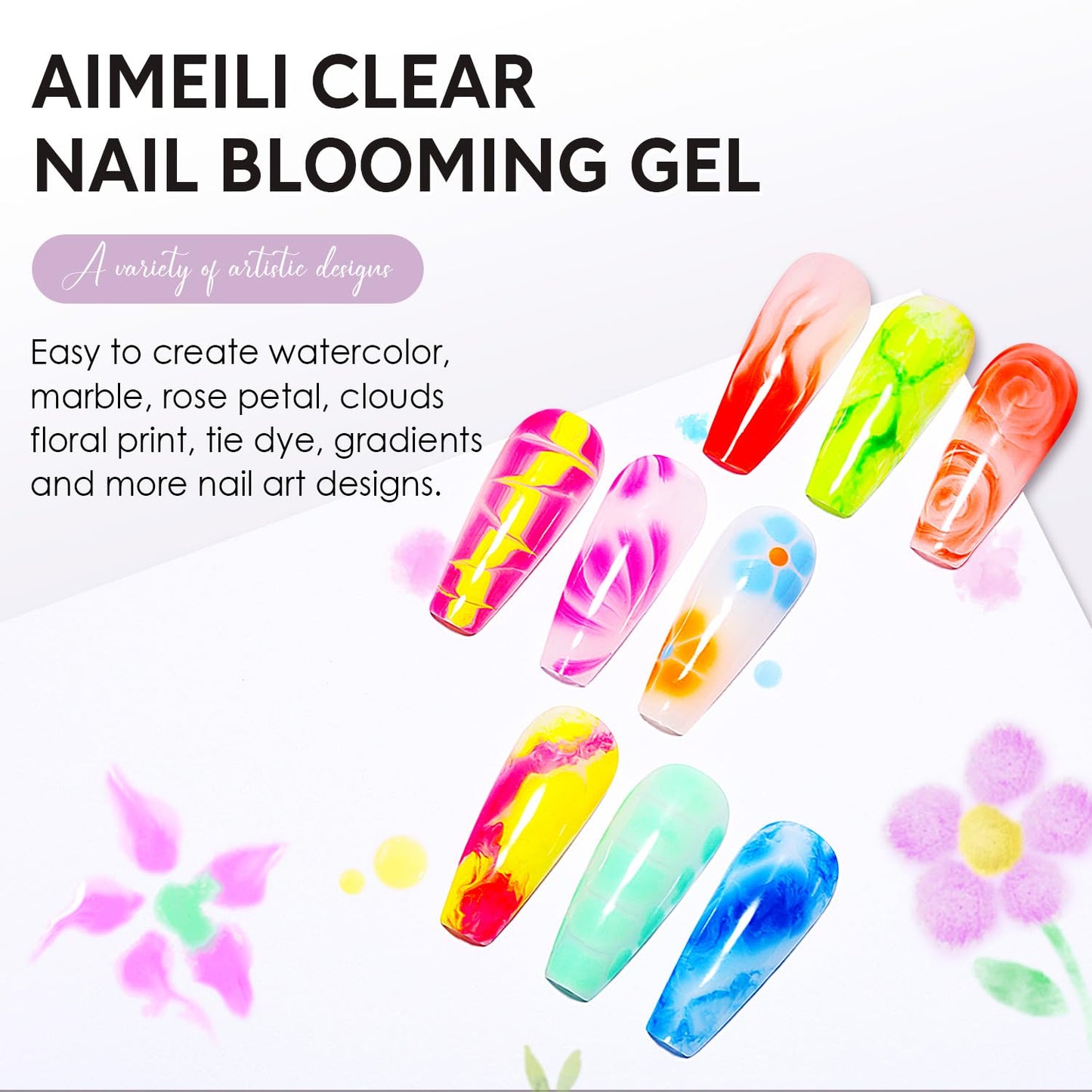 AIMEILI Nail Blooming Gel Base Coat Top Coat Kit 3pcs, Hema Free, Cruelty Free, Vegan, High Gloss Gel Nail Polish Long Lasting Spreading Marble