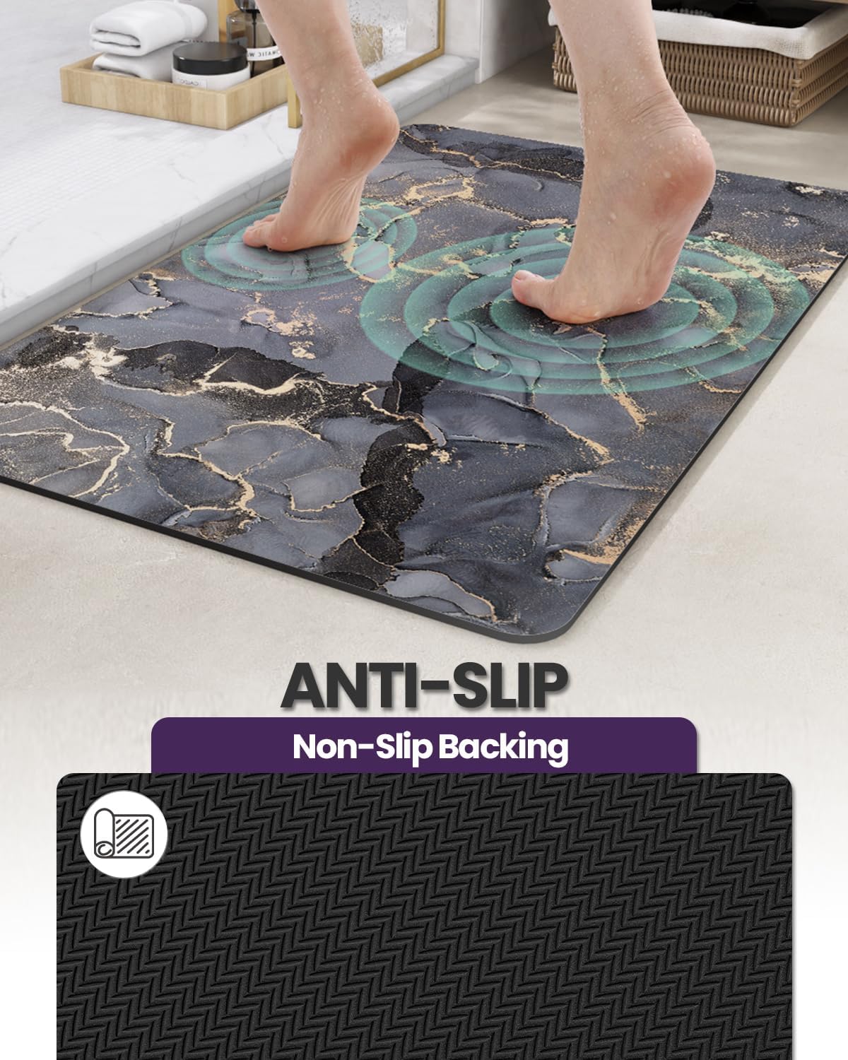 DEXI Bathroom Mat Ultra Thin, Non Slip Bath Rug for Shower Floor, Absorbent Quick Dry Marble Bathmats Low Profile, 16x24, Dark Grey