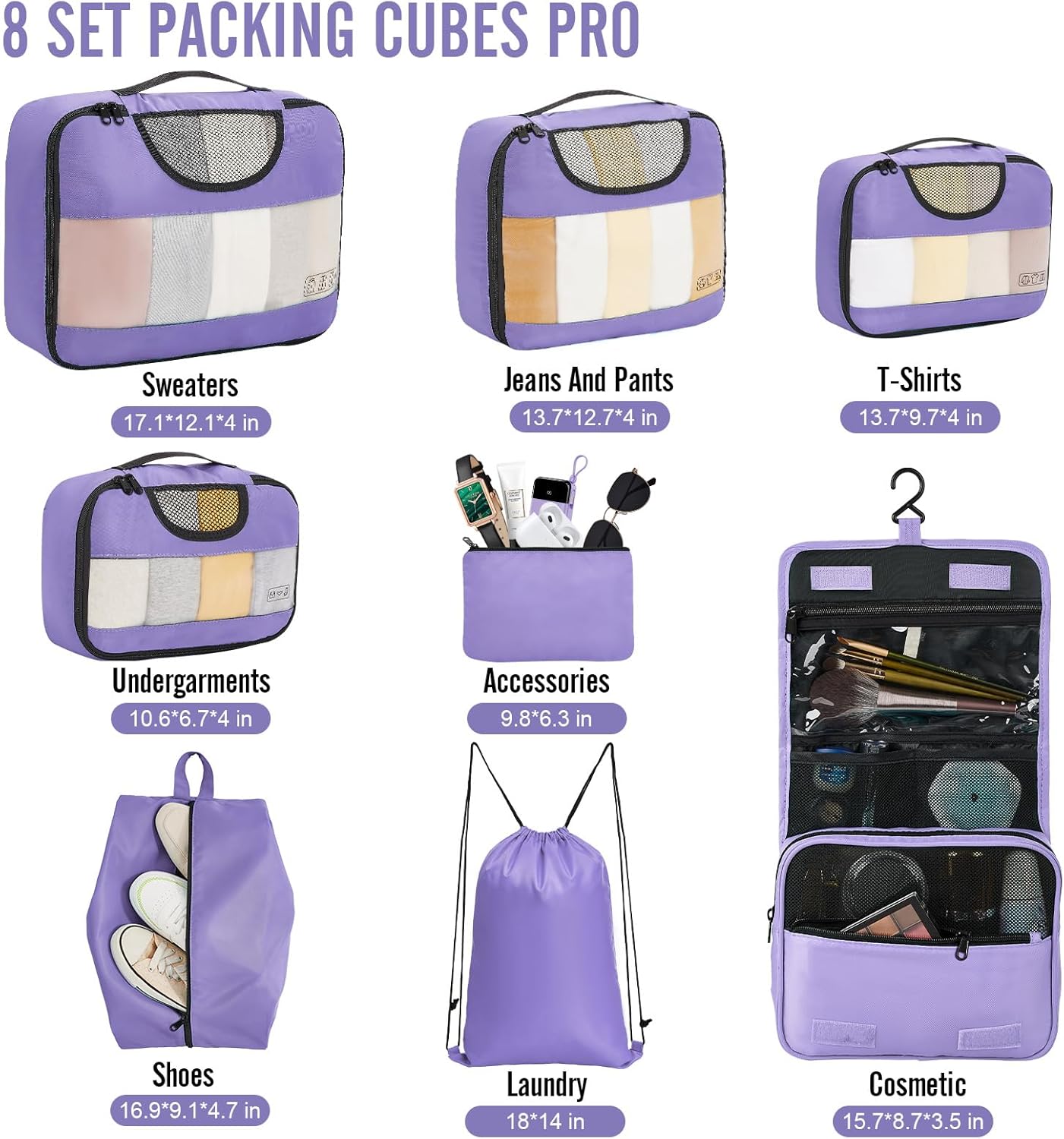 Veken 8 Set Packing Cubes for Travel Essentials, Suitcase Organizer Bags in 4 Sizes, Carry-On Luggage Accessories with Large Laundry & Hanging Toiletry Bag, Must-Have for Airplane, Road Trip & Camping