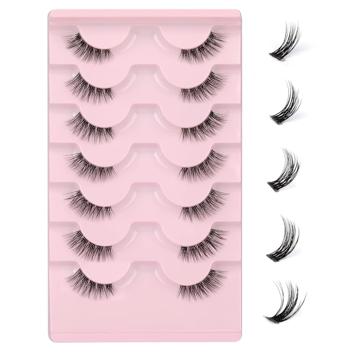 JIMIRE Half Lashes with Clear Band Cat-Eye Lashes Fluffy Wispy Accent False Eyelashes Natural Look Handmade Soft DIY Cluster Lashes Pack 7 Pairs
