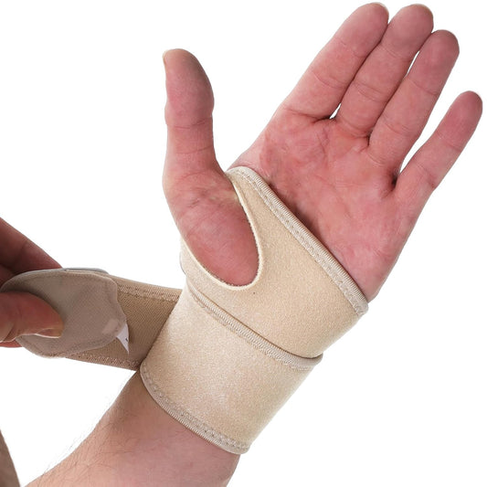 NeoTech Care Wrist Band - Elastic & Breathable Fabric - Adjustable Compression Strap - Men, Women, Right or Left - Support Wrap for Protection or Sports (Beige Color, Size L, 1 Unit)