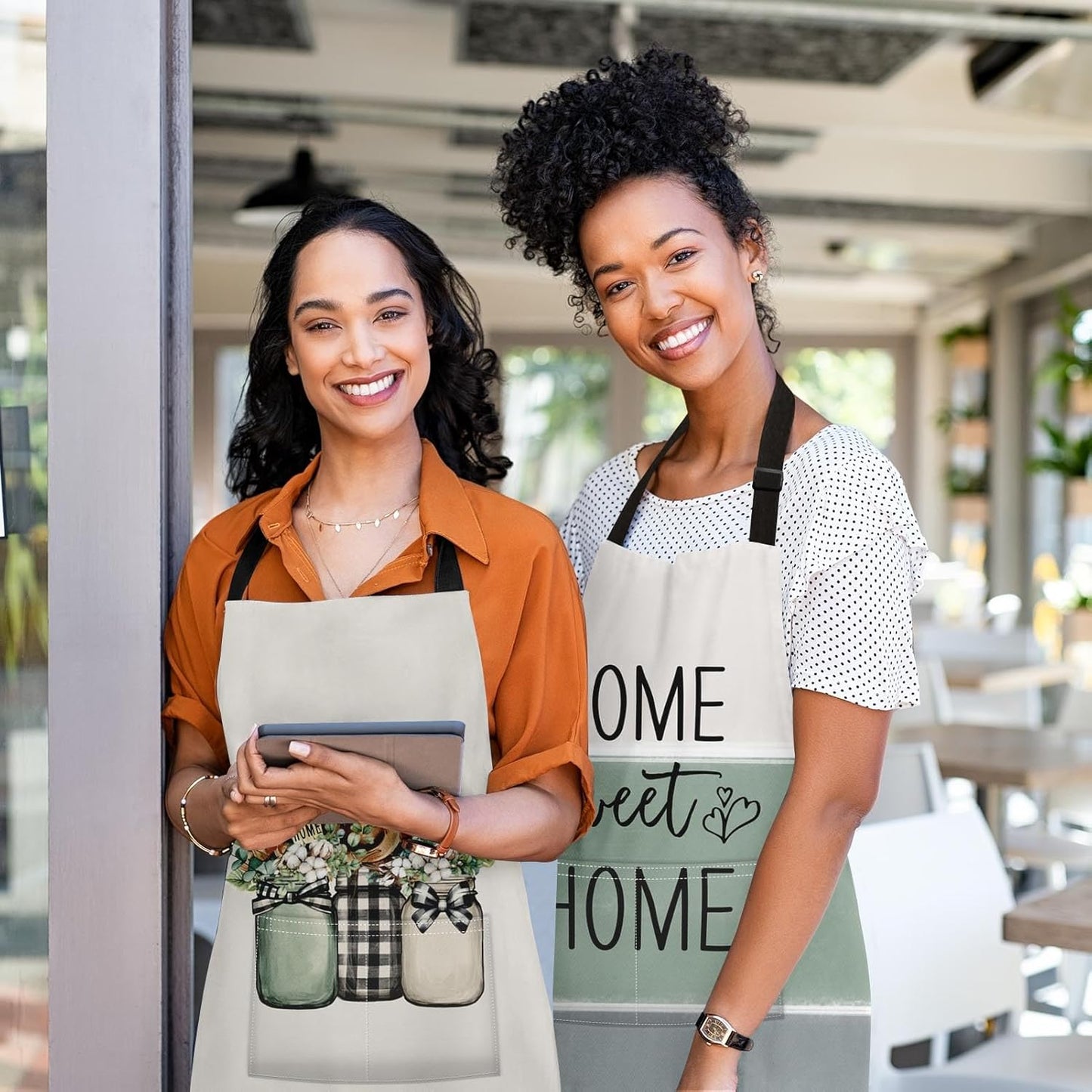 2 Pack Aprons, Eucalyptus Leaf Herbs Flowers Adjustable Bib Aprons with 2 Pockets for Women Men Couple Lovers Chef Home Kitchen Cooking Baking Gardening Cream Sage Green Stripe Apron 32x28 Inches