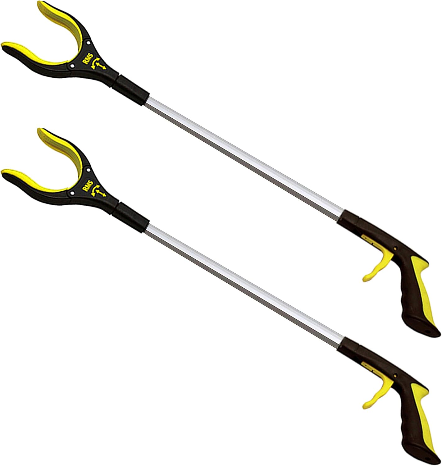 RMS 2-Pack 34 Inch Extra Long Grabber Reacher with Rotating Jaw - Mobility Aid Reaching Assist Tool (Yellow)