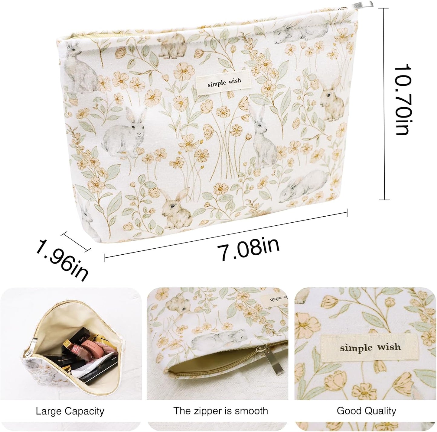 Wudygirl Cute Rabbit Cosmetic Bag - Travel Toiletry Bag & Makeup Pouch for Women & Girls - Large Capacity Canvas Organizer with Zipper Pencil Pouch