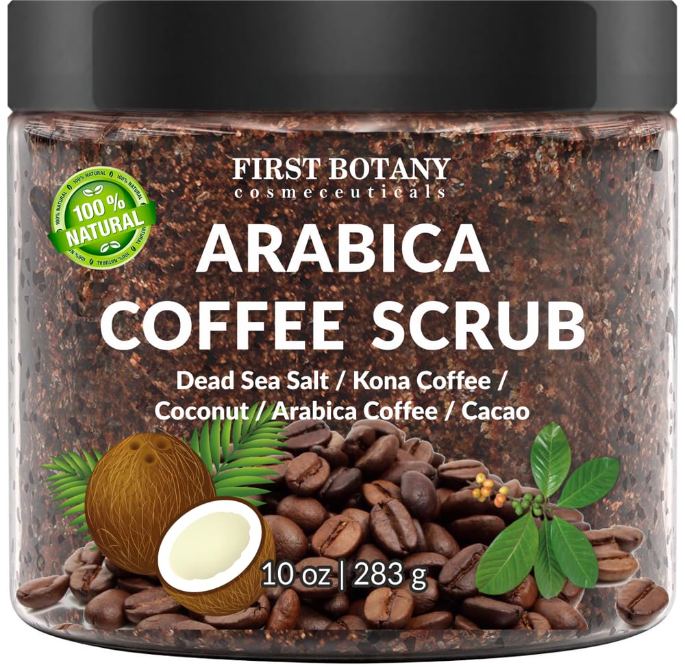 First Botany Cosmeceuticals, 100% Natural Arabica Coffee Scrub with Organic Coffee Coconut & Shea Butter Acne Anti Cellulite & Stretch Mark treatment Spider Vein Therapy, Varicose Veins Eczema, 10 oz