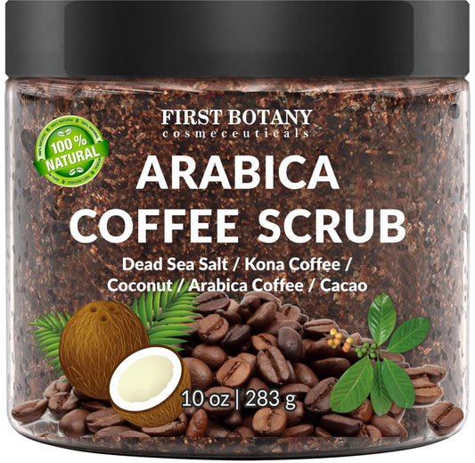 First Botany Cosmeceuticals, 100% Natural Arabica Coffee Scrub with Organic Coffee Coconut & Shea Butter Acne Anti Cellulite & Stretch Mark treatment Spider Vein Therapy, Varicose Veins Eczema, 10 oz