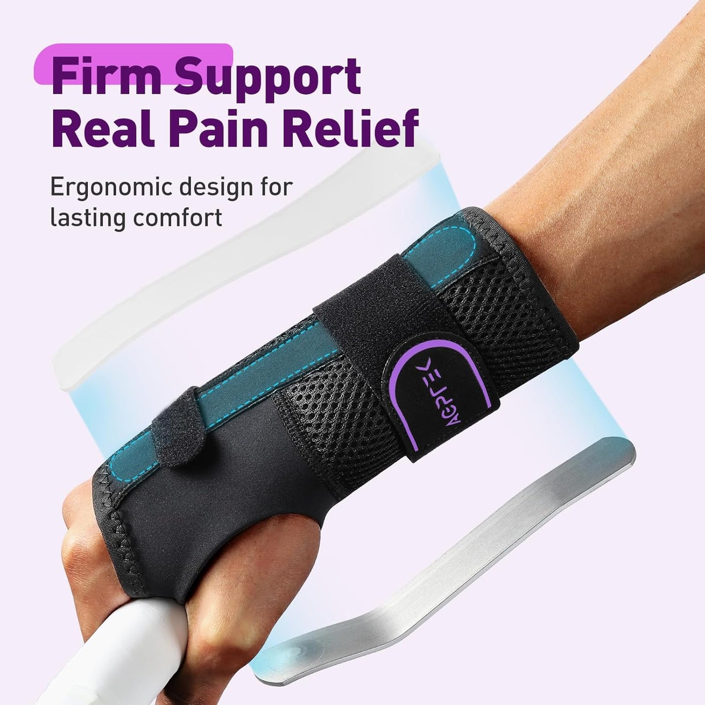 AGPTEK Carpal Tunnel Wrist Brace for Men Women, Night Sleeping Wrist Support with 2 Splints, Pain Relief Hand Brace for Arthritis Sprains Tendonitis, Adjustable Wrist Splint for Right Hand (S/M, Black & Purple)