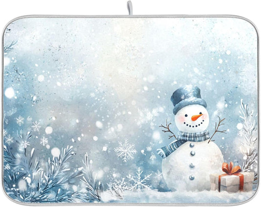 Winter Snowman Silver Dish Drying Mat for Kitchen Countertop 16x18 Christmas Snowflake White Xmas Small Drying Mat Reusable Quick Dry Dish Sink Mats Easy Clean Decorative Essentials