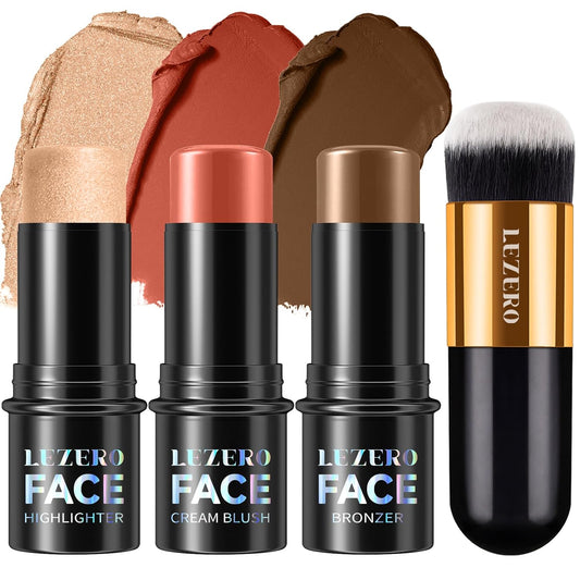 Lezero 3Pcs Contour Stick Makeup Kit, Shades with Highlighter, Blush and Bronzer Stick for Sculpt the Face and All Skin Type, Long Lasting, Smooth, Dewy & Matte Finish, MEDIUM