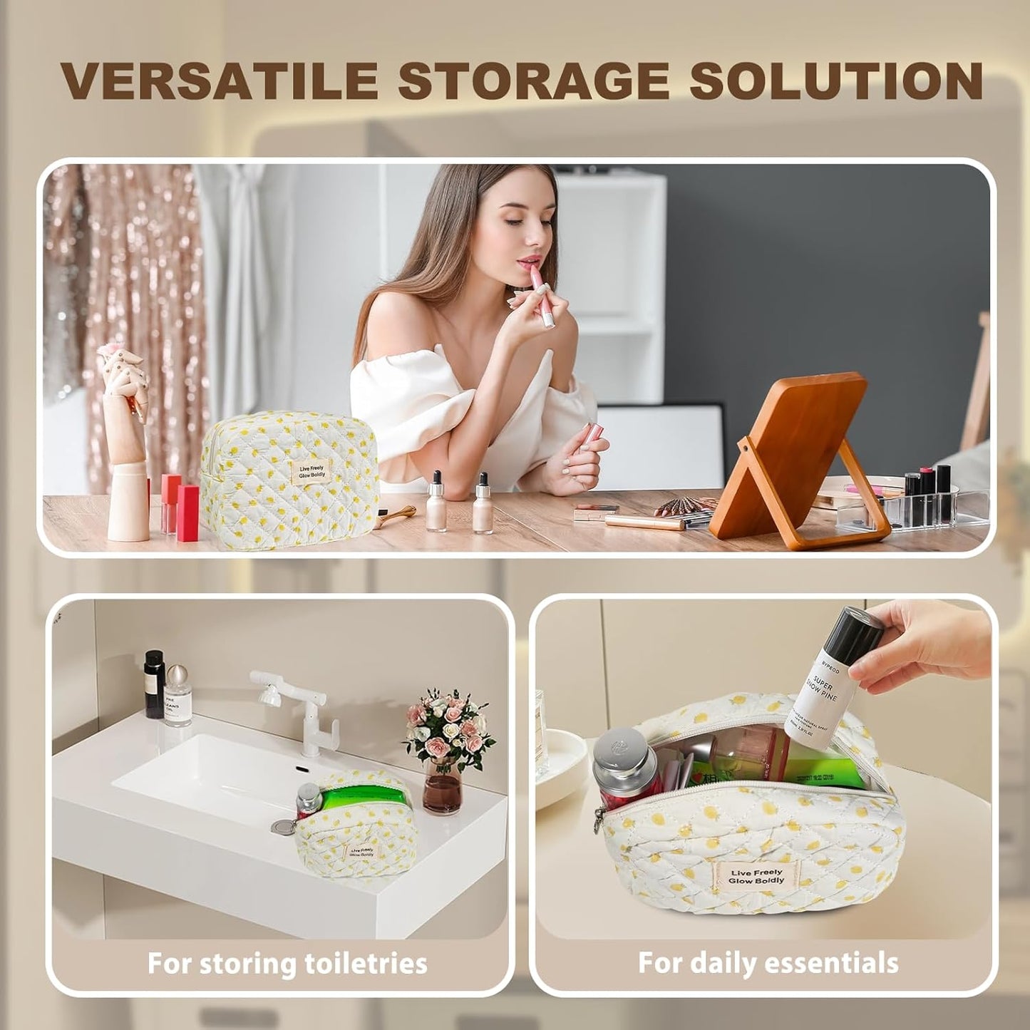 3Pcs Large Travel Quilted Makeup Bag, Double Layer Cute Floral Cotton Toiletry Bag, Aesthetic Flower Cosmetic Bag Coquette Skincare Organizer Bag for Women (78-Lemon)