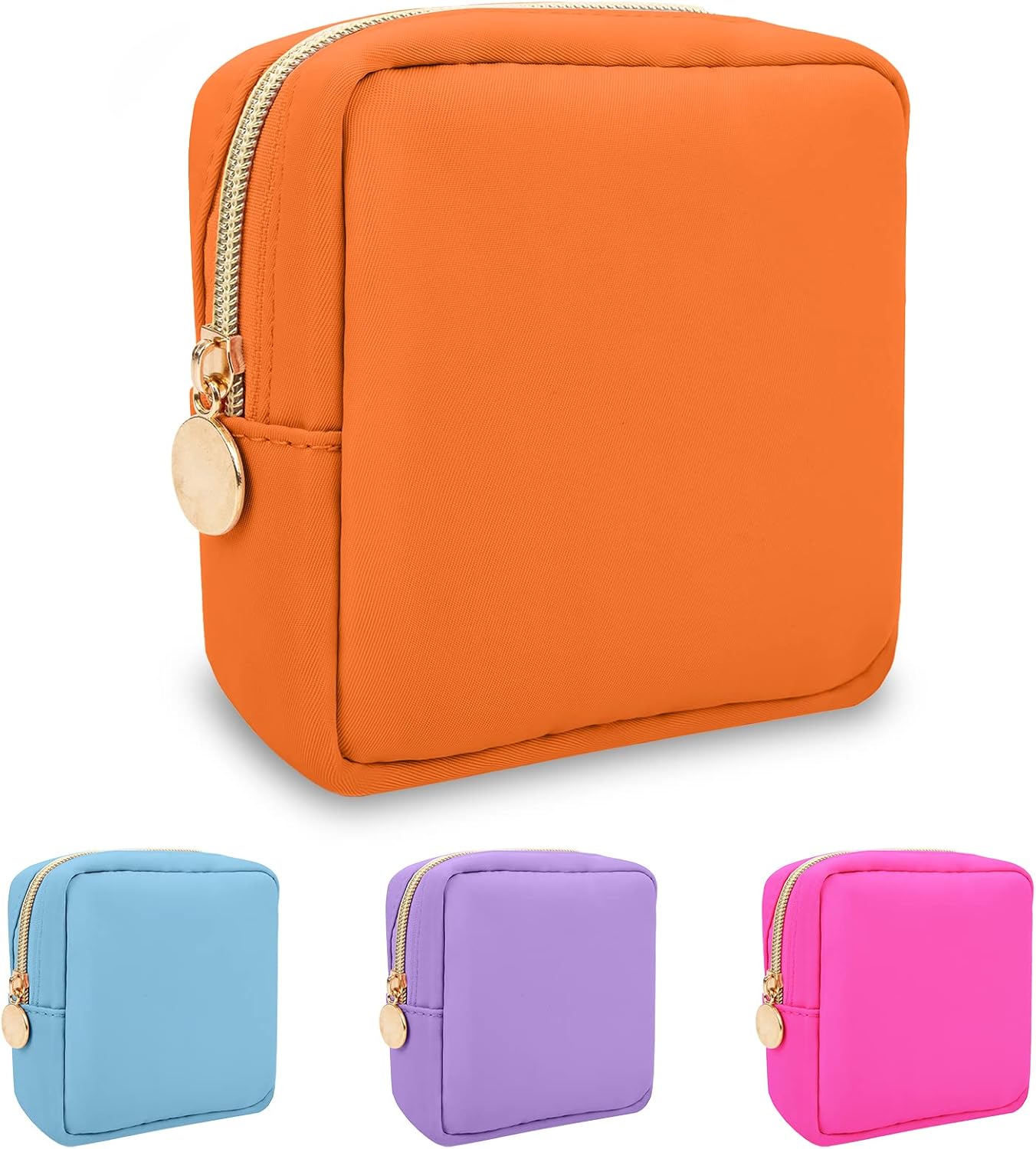 Nylon Mini Makeup Bag for Purse, Preppy Small Cute Makeup Bag Cosmetic Zipper Pouch Purse, Waterproof Travel Coin Pouch Sanitary Napkin Storage Bag Clutch Makeup Organizer Bag for Women Girls(Orange)