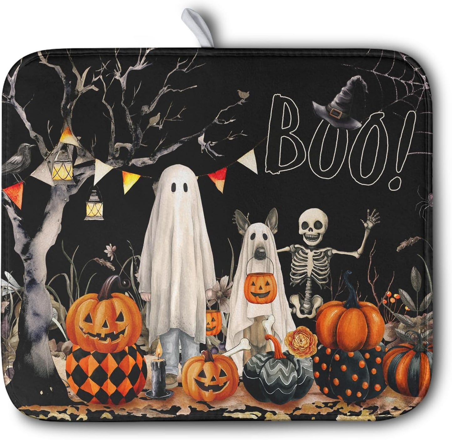 Halloween Dish Drying Mat for Kitchen Counter 16x18 Inch Black Ghost Pumpkins Dog Boo Skull Dishes Drainer Mats Absorbent Microfiber Washable Dish Draining Pad for Sink Coffee Bar