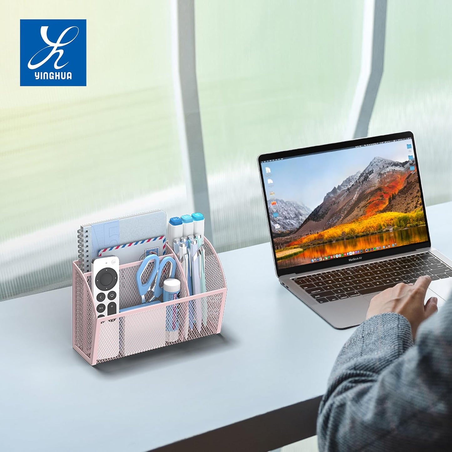 YINGHUA Strong Magnetic Pen Holder for Whiteboard and Refrigerator 3 Compartments Metal Mesh Organizer Space Saving Shelf for Office School Home and Locker - Pink