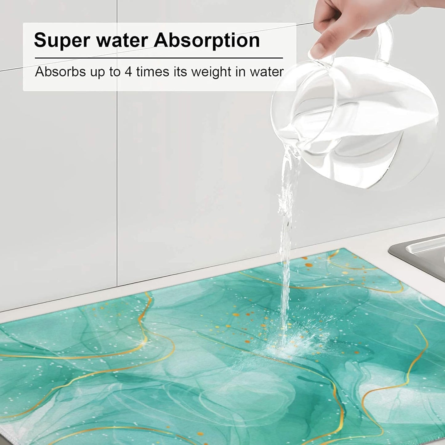 Teal Gold Marble Dish Drying Mat for Kitchen Counter Green Turquoise Drying Pad 18x24 Inch Modern Absorbent Reversible Dish Drainer Rack Mats