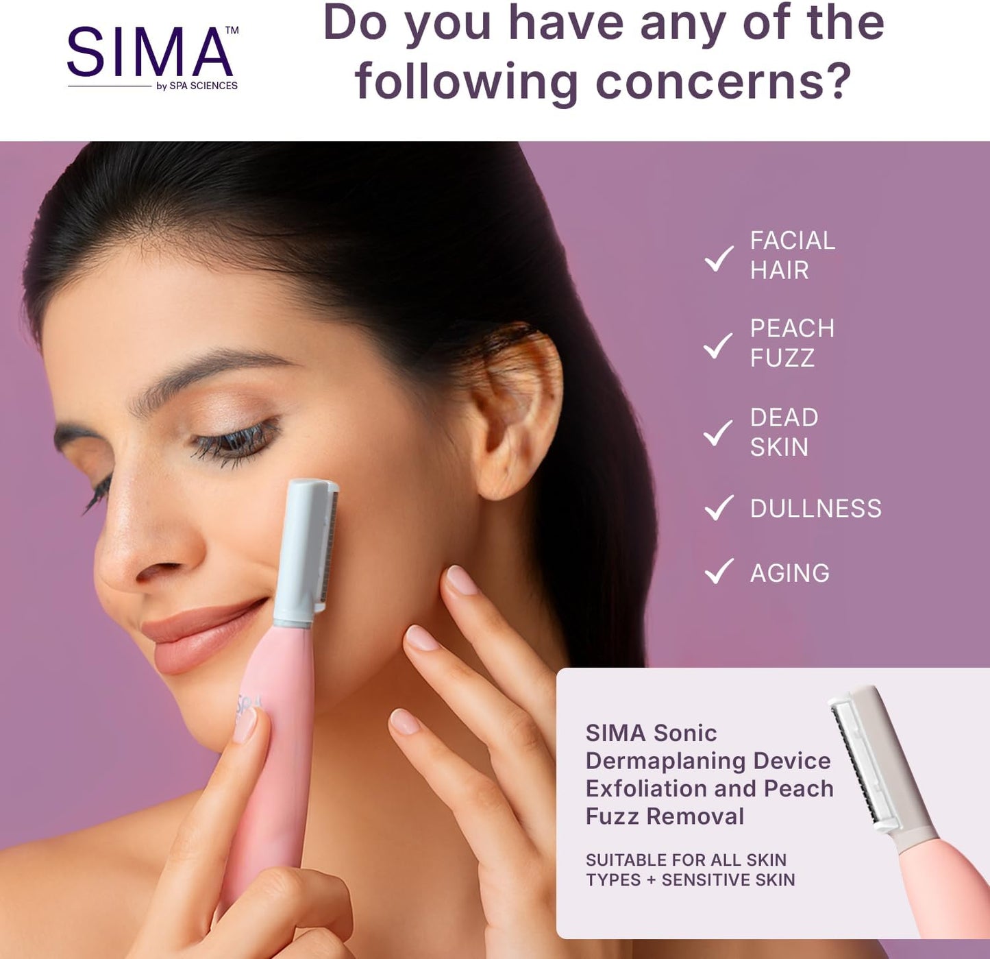 SPA SCIENCES - SIMA Patented Dermaplane Razor for Women Face – Painless 2-in-1 Facial Exfoliation & Peach Fuzz Hair Removal – Anti-Aging – 3 Speeds – Rechargeable – 19 Weeks Treatment